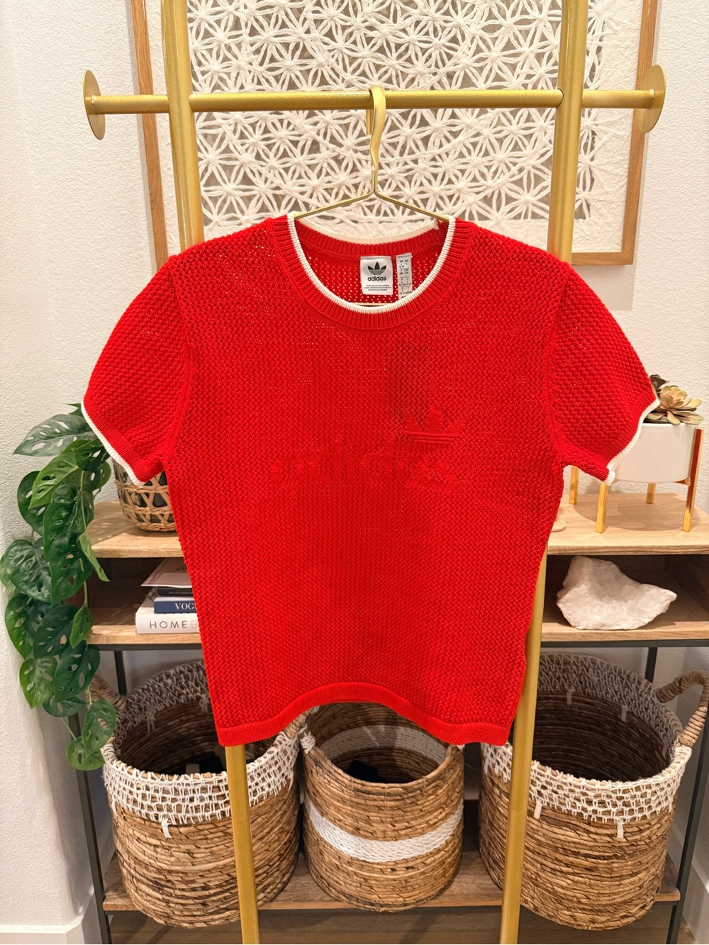 adidas Bright Red Short Sleeve Knit Tee with White Trim